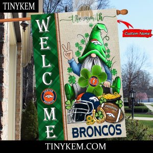 Denver Broncos With Gnome Shamrock Custom Garden Flag For St Patricks Day