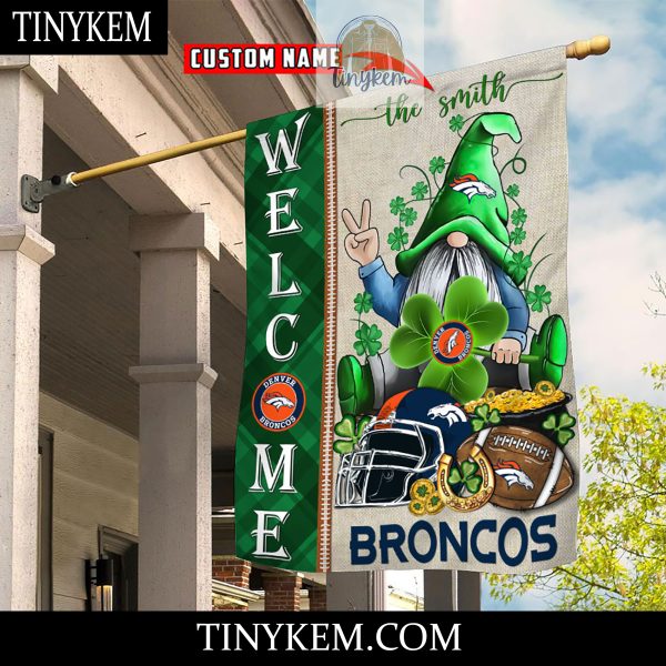 Denver Broncos With Gnome Shamrock Custom Garden Flag For St Patricks Day
