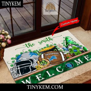 Detroit Lions St Patricks Day Doormat With Gnome and Shamrock Design