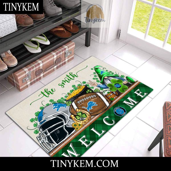 Detroit Lions St Patricks Day Doormat With Gnome and Shamrock Design