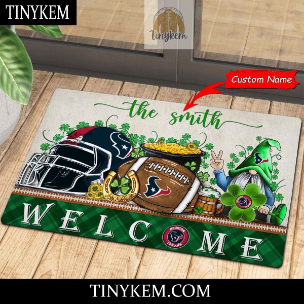 Houston Texans St Patricks Day Doormat With Gnome and Shamrock Design