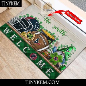 Houston Texans St Patricks Day Doormat With Gnome and Shamrock Design2B4 Y402e