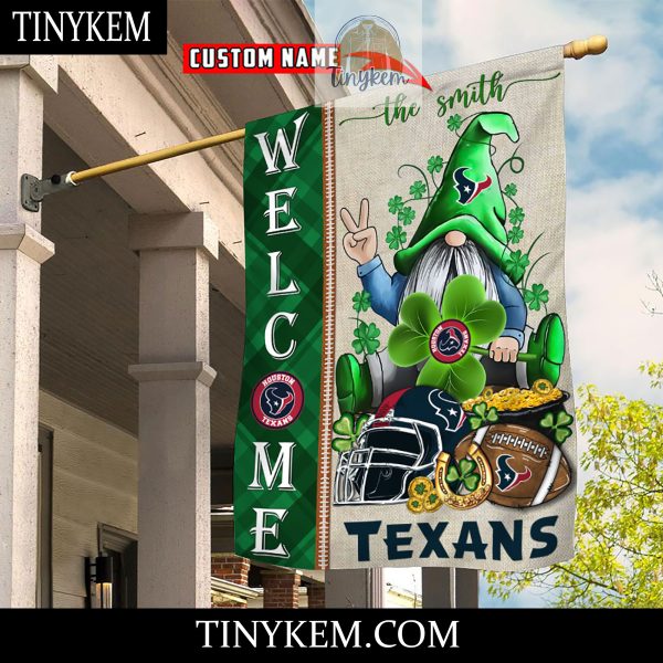 Houston Texans With Gnome Shamrock Custom Garden Flag For St Patricks Day
