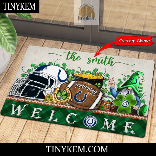 Indianapolis Colts St Patricks Day Doormat With Gnome and Shamrock Design