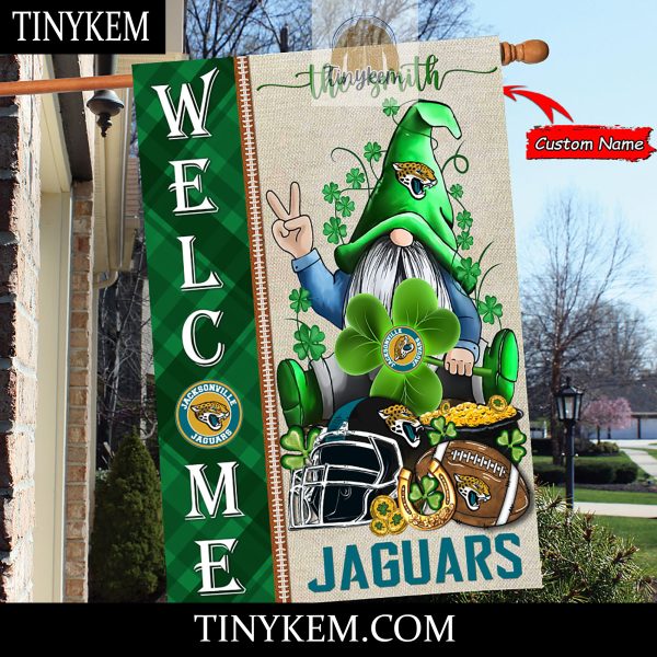 Jacksonville Jaguars With Gnome Shamrock Custom Garden Flag For St Patricks Day