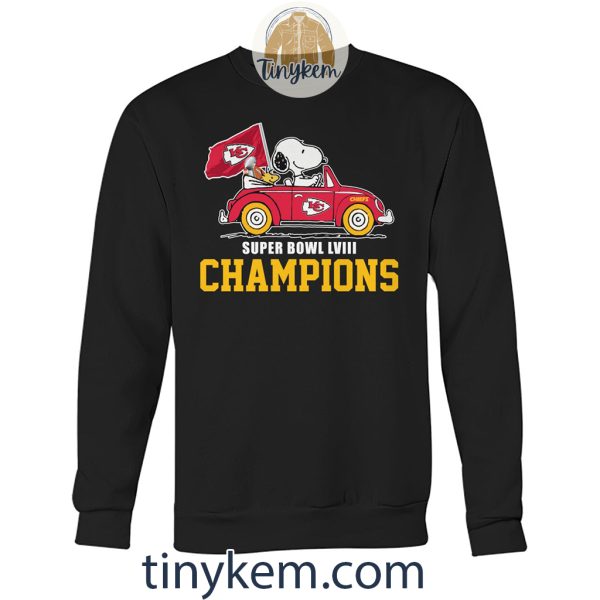 KC Chiefs 2023 Super Bowl Champions With Snoopy Driving Car Tshirt