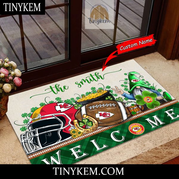 Kansas City Chiefs St Patricks Day Doormat With Gnome and Shamrock Design