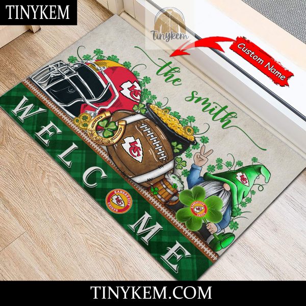 Kansas City Chiefs St Patricks Day Doormat With Gnome and Shamrock Design
