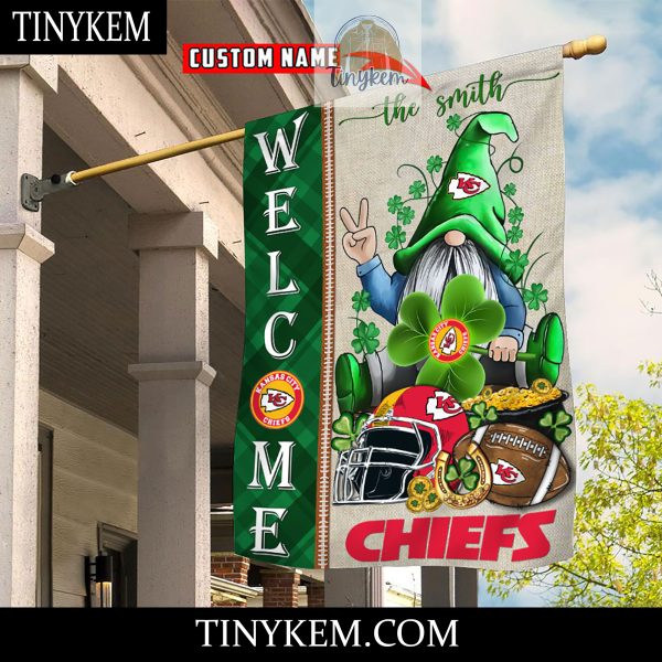 Kansas City Chiefs With Gnome Shamrock Custom Garden Flag For St Patricks Day