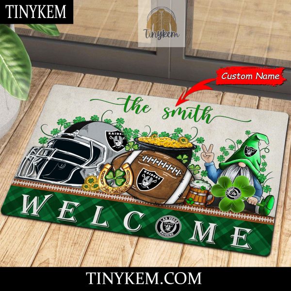Las Vegas Raiders St Patricks Day Doormat With Gnome and Shamrock Design