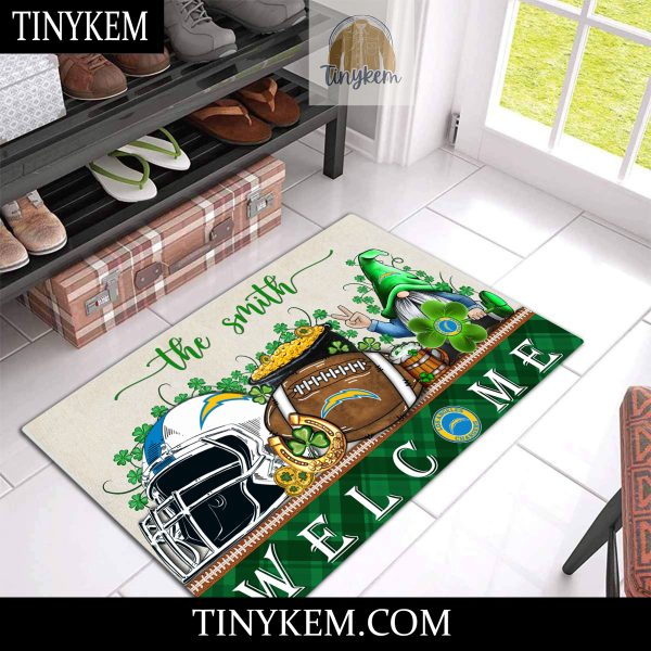 Los Angeles Chargers St Patricks Day Doormat With Gnome and Shamrock Design