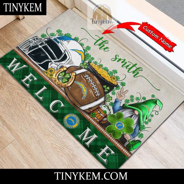 Los Angeles Chargers St Patricks Day Doormat With Gnome and Shamrock Design