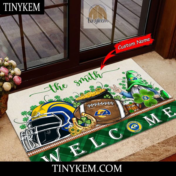 Los Angeles Rams St Patricks Day Doormat With Gnome and Shamrock Design