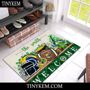Los Angeles Rams St Patricks Day Doormat With Gnome and Shamrock Design2B3 l1Nkj