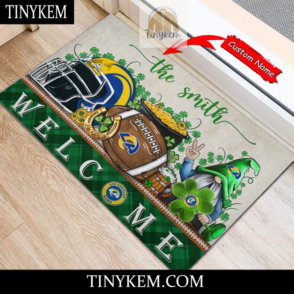 Los Angeles Rams St Patricks Day Doormat With Gnome and Shamrock Design