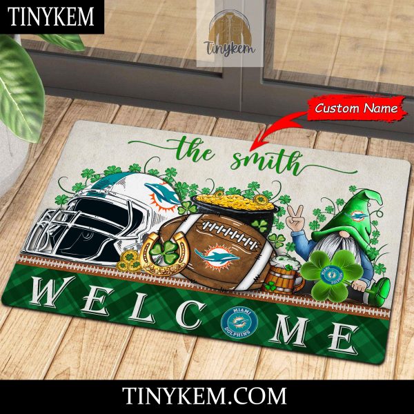 Miami Dolphins St Patricks Day Doormat With Gnome and Shamrock Design