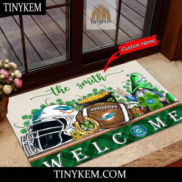 Miami Dolphins St Patricks Day Doormat With Gnome and Shamrock Design