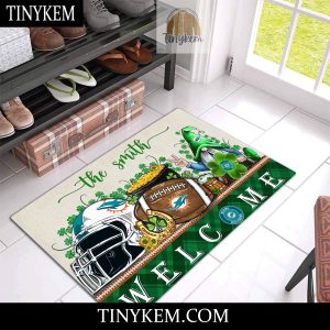 Miami Dolphins St Patricks Day Doormat With Gnome and Shamrock Design2B3 rukpp