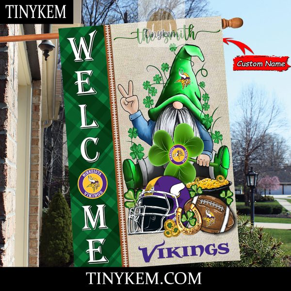 Minnesota Vikings With Gnome Shamrock Custom Garden Flag For St Patricks Day