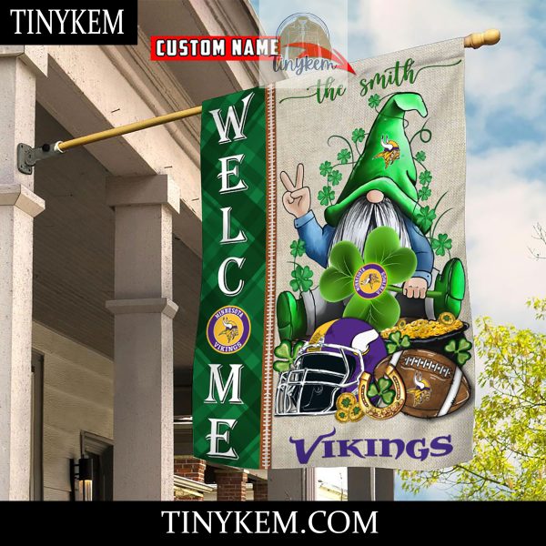 Minnesota Vikings With Gnome Shamrock Custom Garden Flag For St Patricks Day