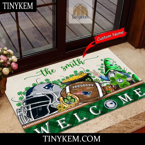 New England Patriots St Patricks Day Doormat With Gnome and Shamrock Design