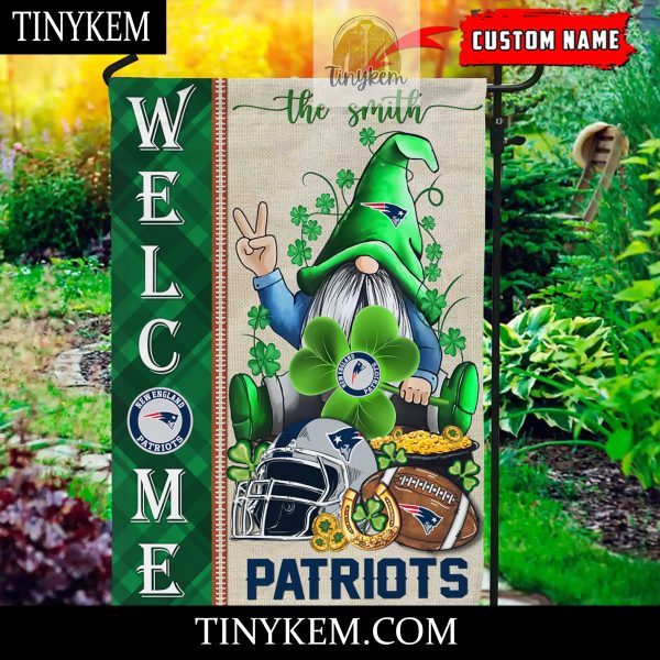 New England Patriots With Gnome Shamrock Custom Garden Flag For St Patricks Day