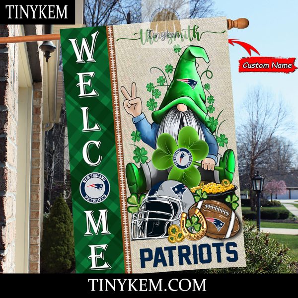 New England Patriots With Gnome Shamrock Custom Garden Flag For St Patricks Day