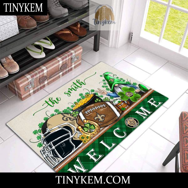 New Orleans Saints St Patricks Day Doormat With Gnome and Shamrock Design