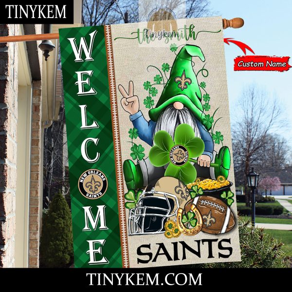 New Orleans Saints With Gnome Shamrock Custom Garden Flag For St Patricks Day