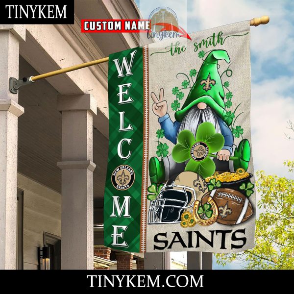 New Orleans Saints With Gnome Shamrock Custom Garden Flag For St Patricks Day