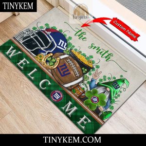 New York Giants St Patricks Day Doormat With Gnome and Shamrock Design2B4 U626p