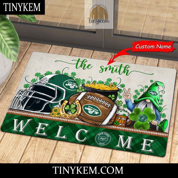 New York Jets St Patricks Day Doormat With Gnome and Shamrock Design