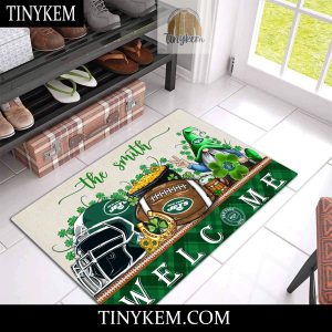 New York Jets St Patricks Day Doormat With Gnome and Shamrock Design2B3 9tfxw