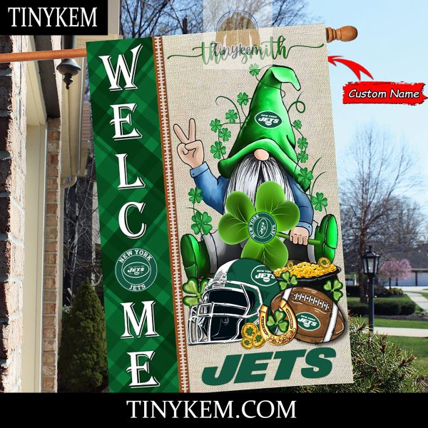 New York Jets With Gnome Shamrock Custom Garden Flag For St Patricks Day