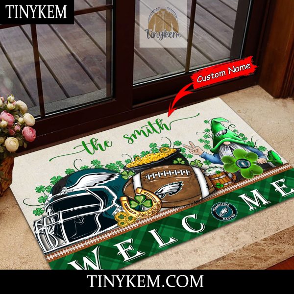 Philadelphia Eagles St Patricks Day Doormat With Gnome and Shamrock Design