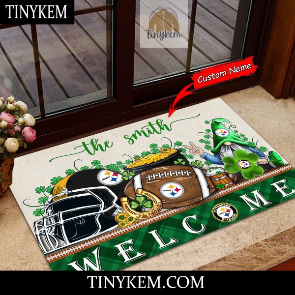 Pittsburgh Steelers St Patricks Day Doormat With Gnome and Shamrock Design