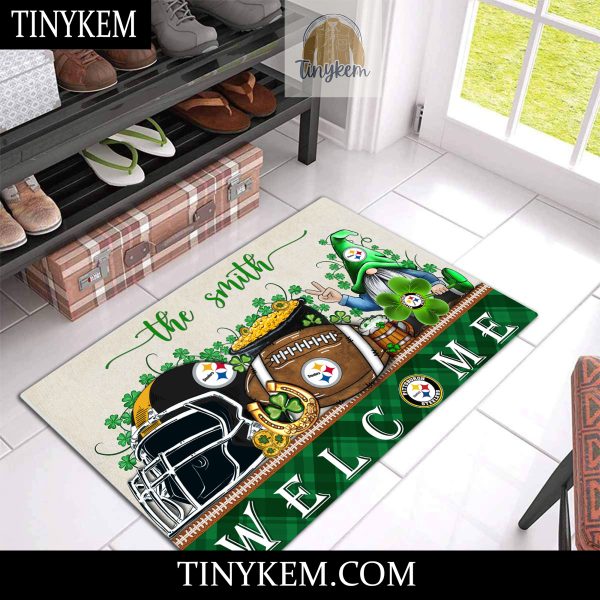 Pittsburgh Steelers St Patricks Day Doormat With Gnome and Shamrock Design