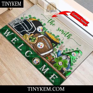 Pittsburgh Steelers St Patricks Day Doormat With Gnome and Shamrock Design2B4 6kjGO