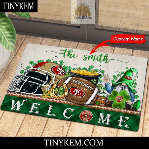 San Francisco 49ers St Patricks Day Doormat With Gnome and Shamrock Design