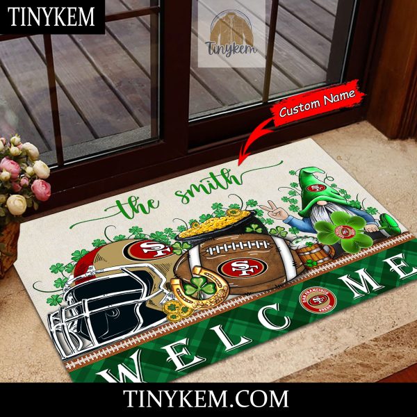 San Francisco 49ers St Patricks Day Doormat With Gnome and Shamrock Design