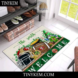 San Francisco 49ers St Patricks Day Doormat With Gnome and Shamrock Design2B3 A6vnf