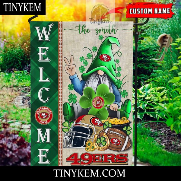 San Francisco 49ers With Gnome Shamrock Custom Garden Flag For St Patricks Day