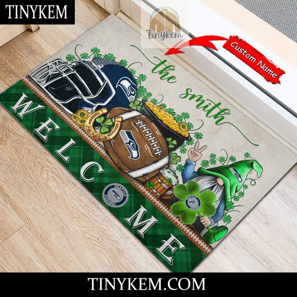Seattle seahawks St Patricks Day Doormat With Gnome and Shamrock Design
