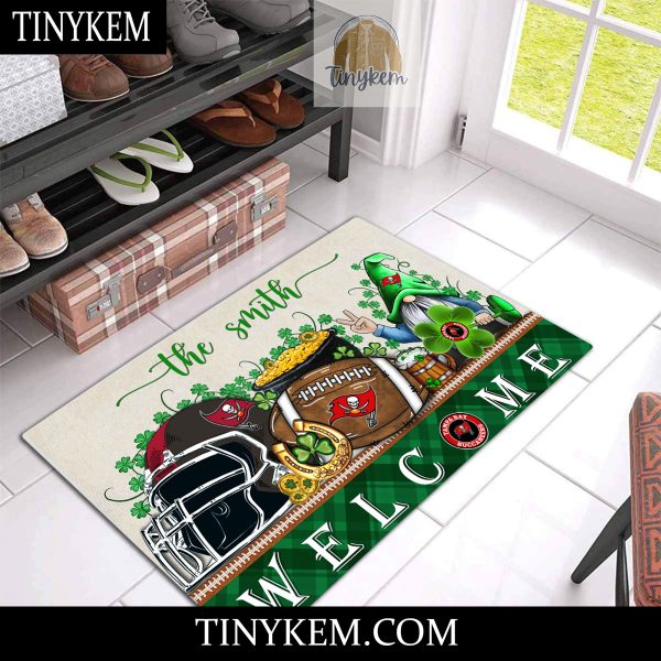Tampa Bay Buccaneers St Patricks Day Doormat With Gnome and Shamrock Design