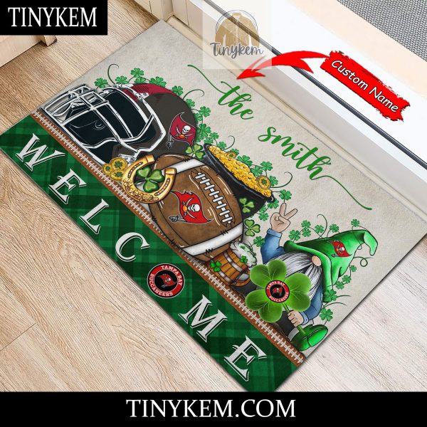 Tampa Bay Buccaneers St Patricks Day Doormat With Gnome and Shamrock Design