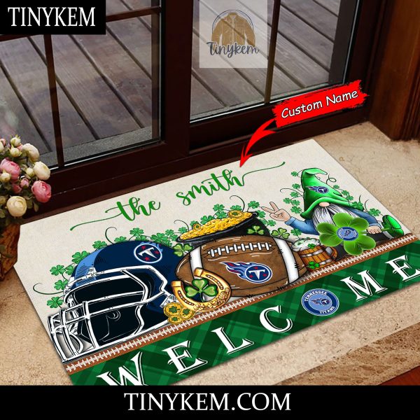 Tennessee Titans St Patricks Day Doormat With Gnome and Shamrock Design
