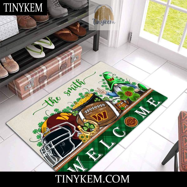 Washington Commanders St Patricks Day Doormat With Gnome and Shamrock Design