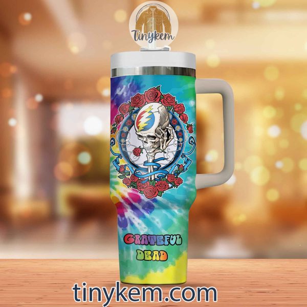 Grateful Dead Customized 40 Oz Tumbler: Skeleton, Roses, Tie-dye Color