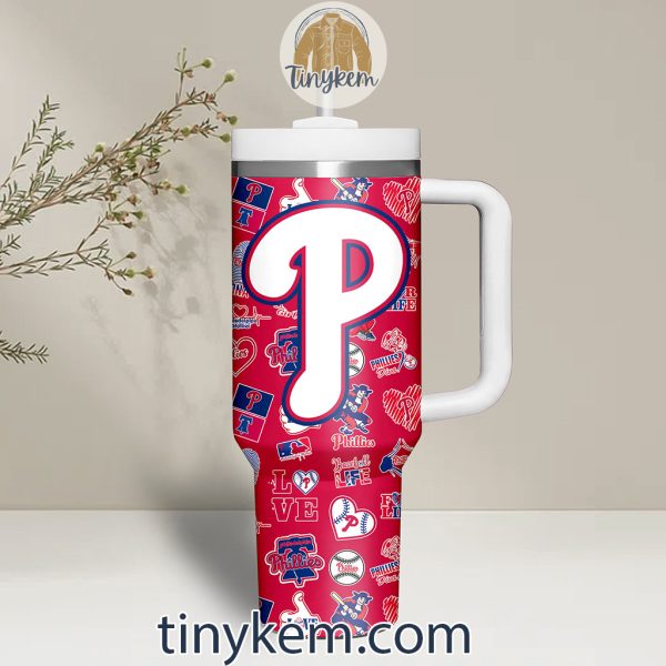Phillies 40Oz Tumbler With Handle: White/Blue/Red Colors