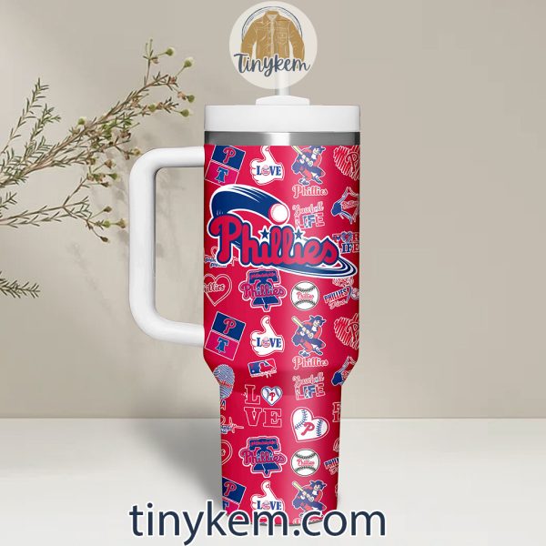 Phillies 40Oz Tumbler With Handle: White/Blue/Red Colors